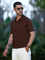 Campus Sutra Solid Dark Brown Polo Collar Short Sleeve Polycotton T-Shirt