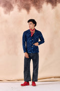 SAMMYUKK Lapel Collar Button-Up Denim Jacquard Blazer Jacket - MIDNIGHT INDIGO