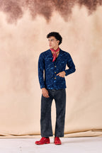 SAMMYUKK Lapel Collar Button-Up Denim Jacquard Blazer Jacket - MIDNIGHT INDIGO