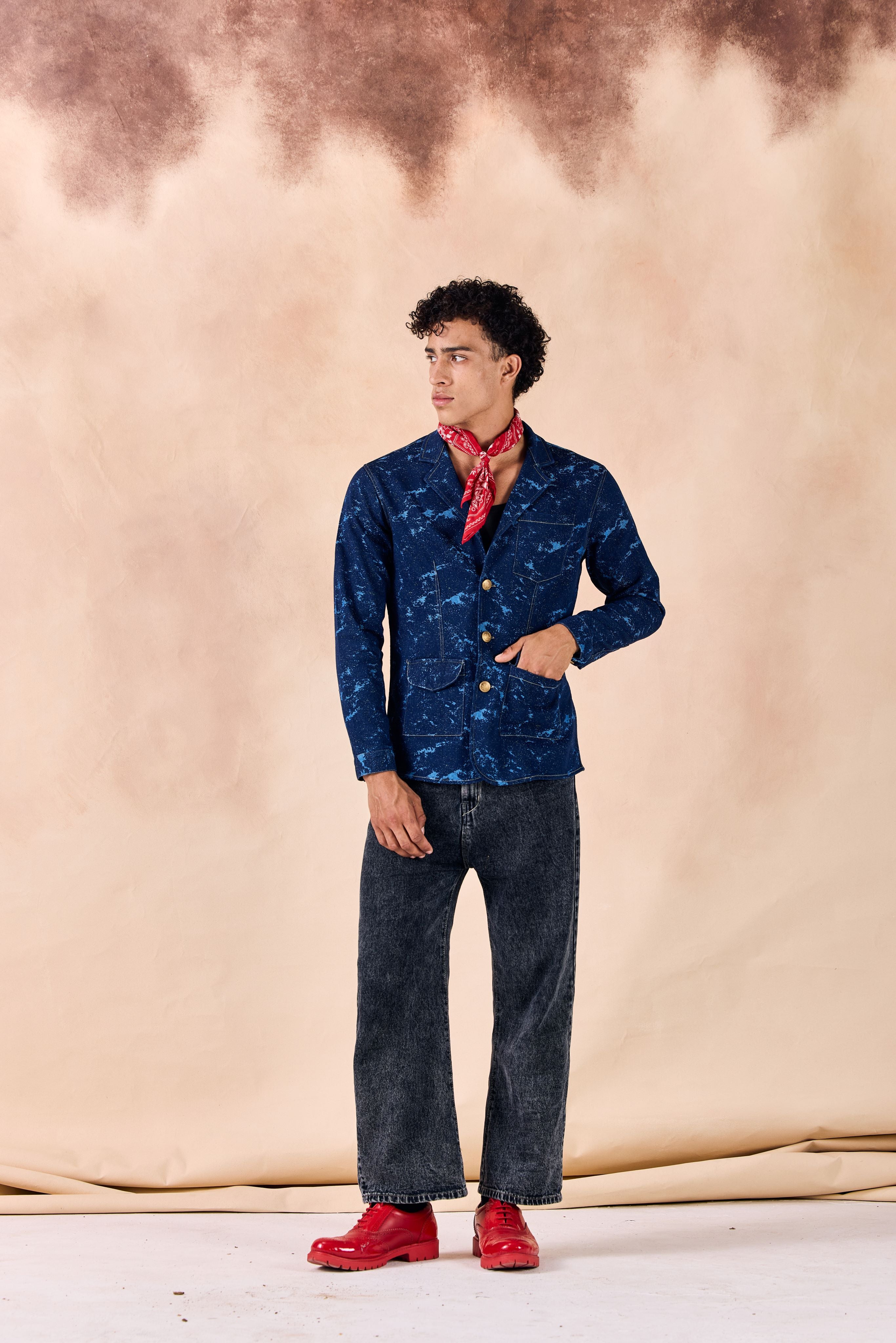 SAMMYUKK Lapel Collar Button-Up Denim Jacquard Blazer Jacket - MIDNIGHT INDIGO