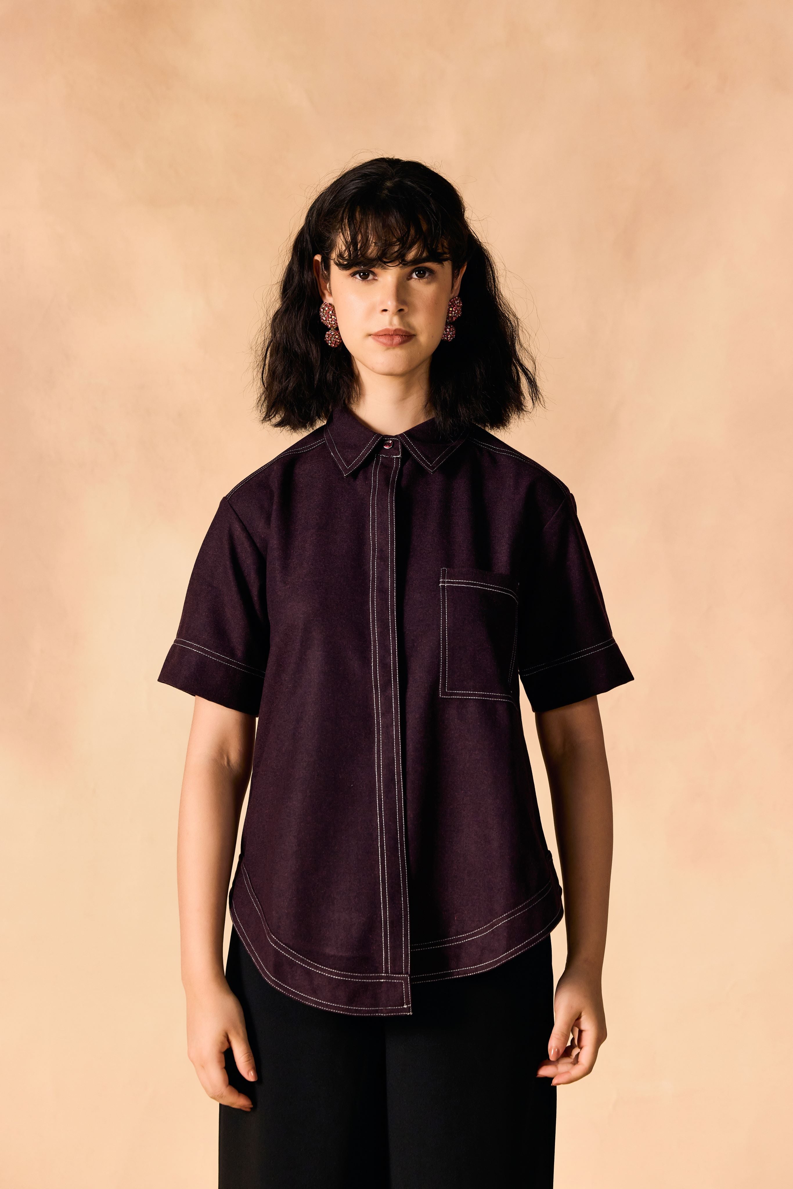 SAMMYUKK Contrast Stitch Button-Up Casual Oversized Shirt - WINETASTING