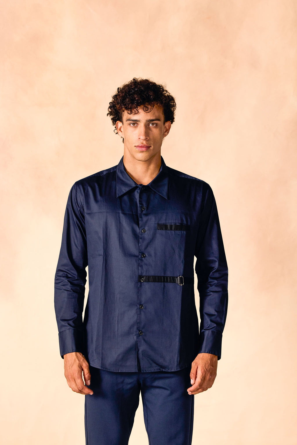 SAMMYUKK Attached Contrast Belted Cotton Satin Party Shirt - NAVY BLAZER