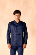 SAMMYUKK Attached Contrast Belted Cotton Satin Party Shirt - NAVY BLAZER