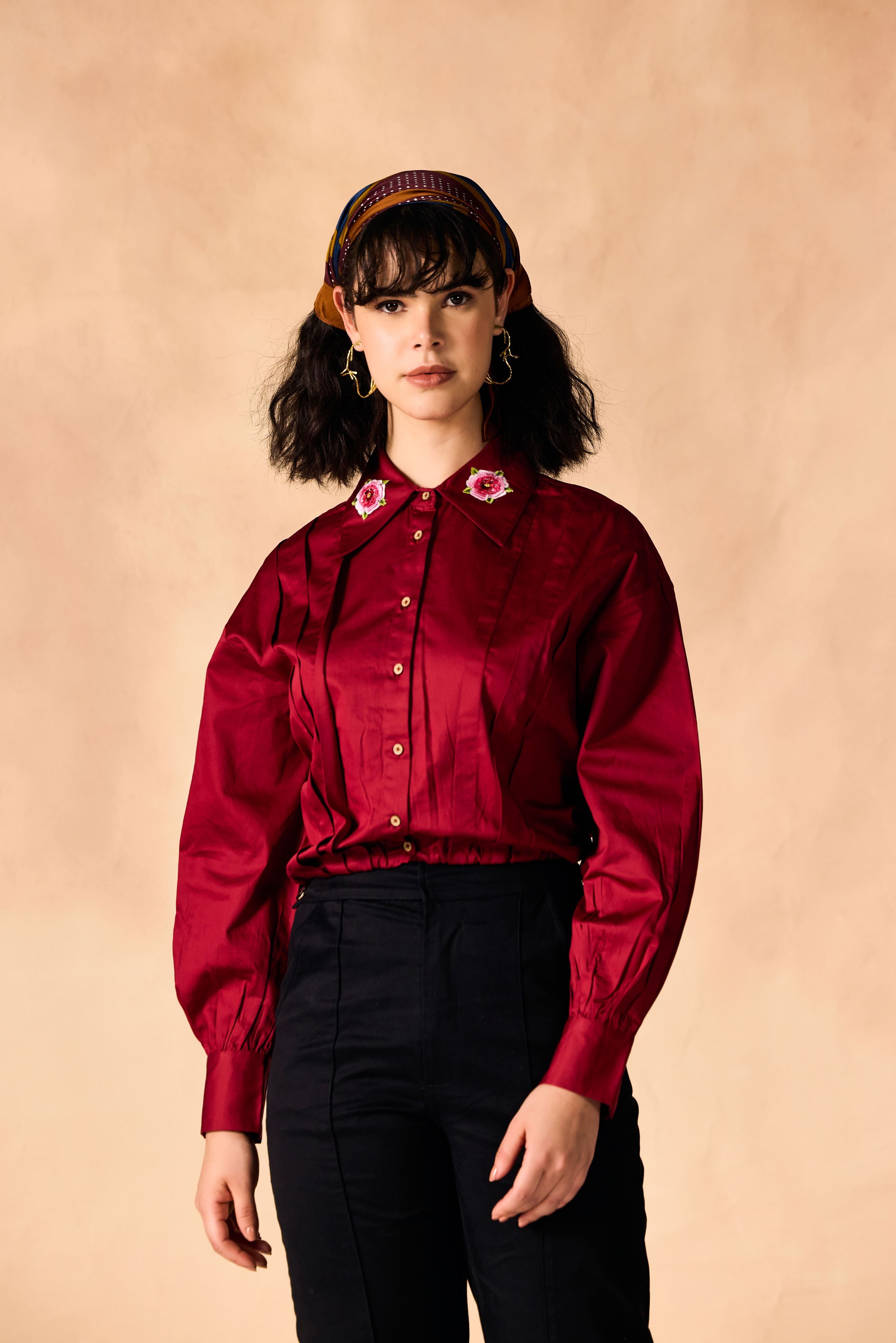 SAMMYUKK 3D Floral Embroidered Red Crop Shirt - Savvy Red