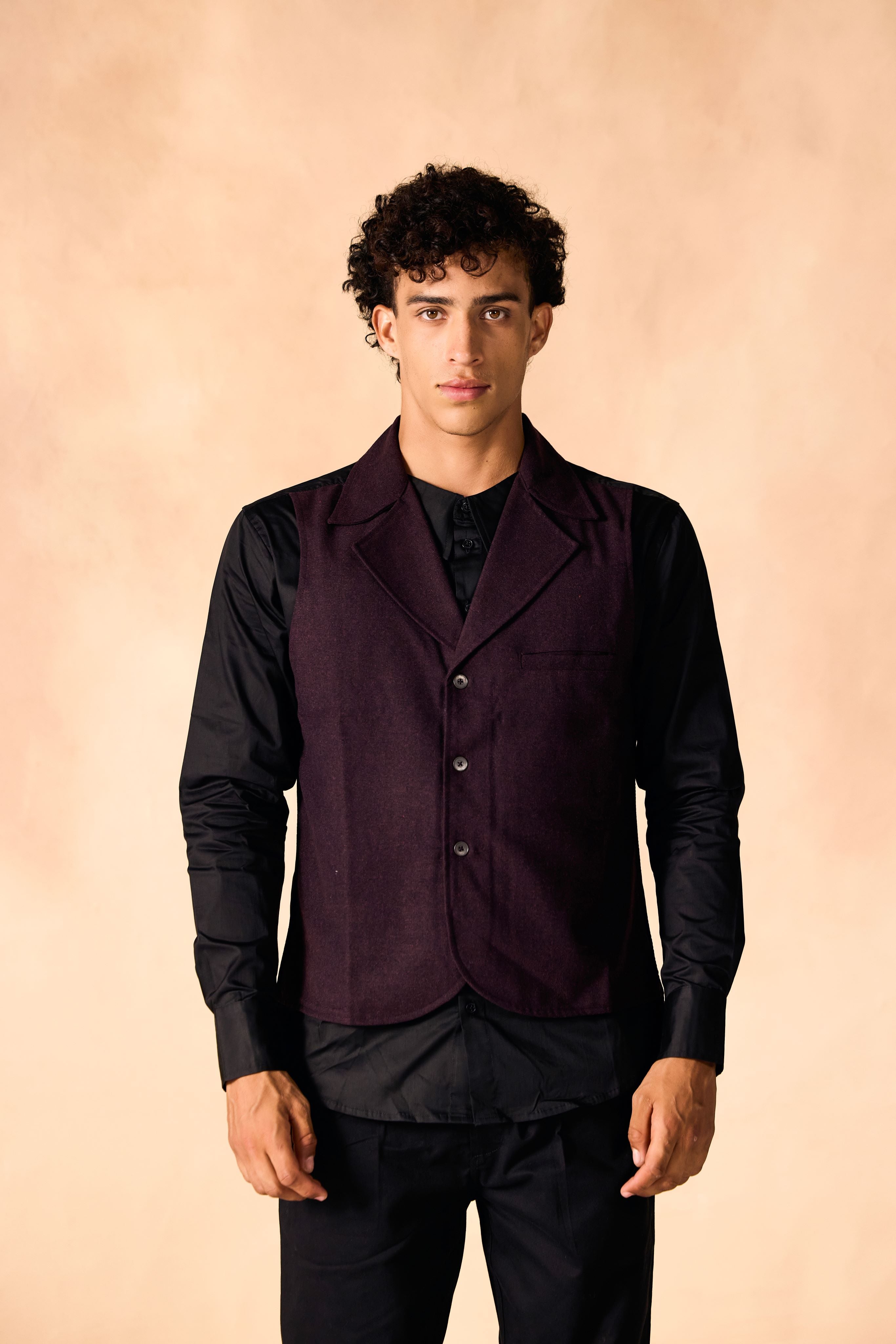 SAMMYUKK Lapel Collar Attached Vest Shirt - Tuxedo Black