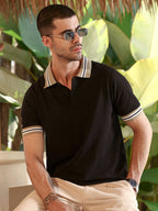 Campus Sutra Black Textured Polo T-shirt with Contrast Tipped Collar