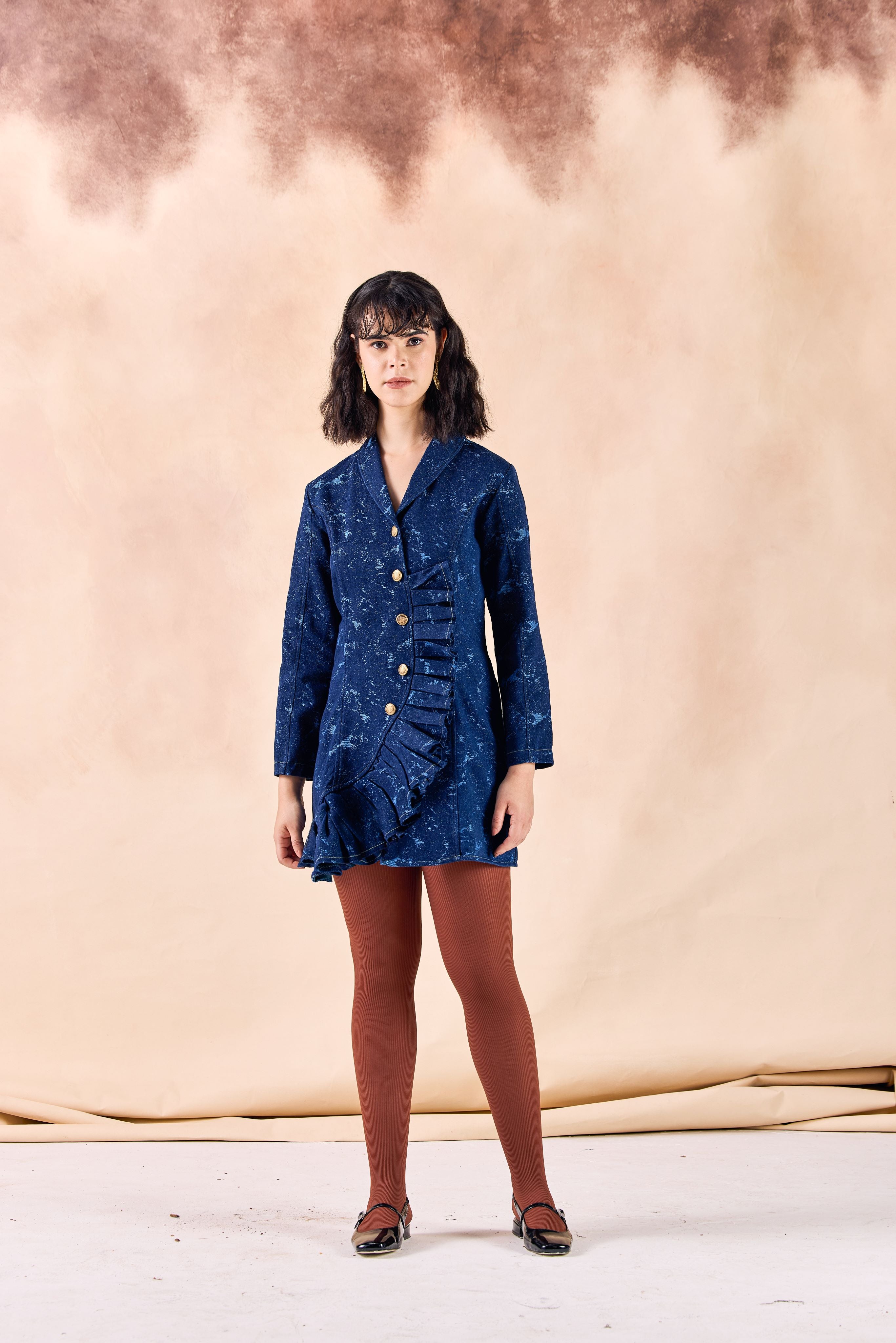 SAMMYUKK Lapel Collar Frilled Blazer Denim Short Dress - MIDNIGHT INDIGO