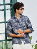 Campus Sutra Navy Botanical Print Cotton Blend Shirt