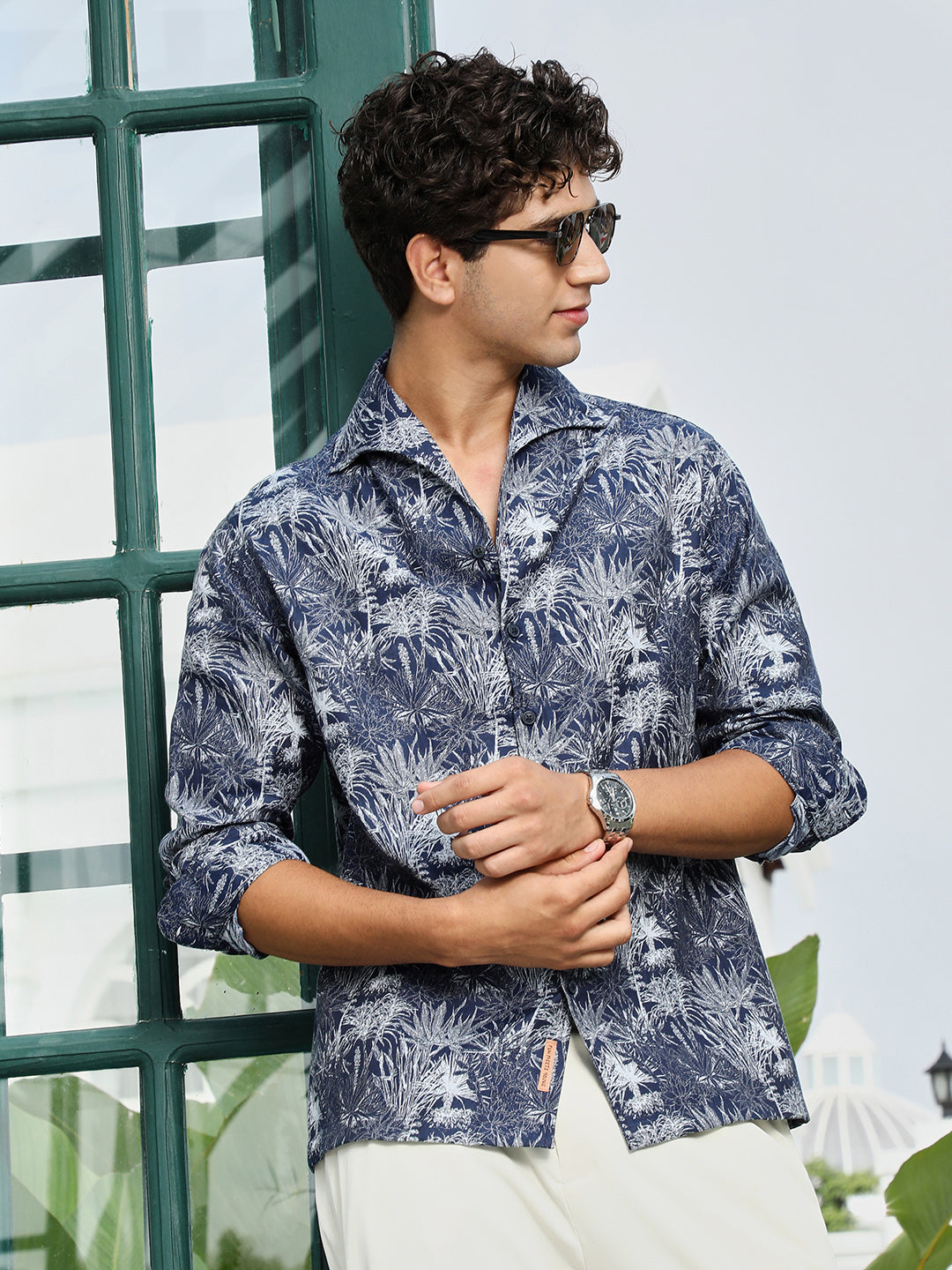 Campus Sutra Navy Botanical Print Cotton Blend Shirt