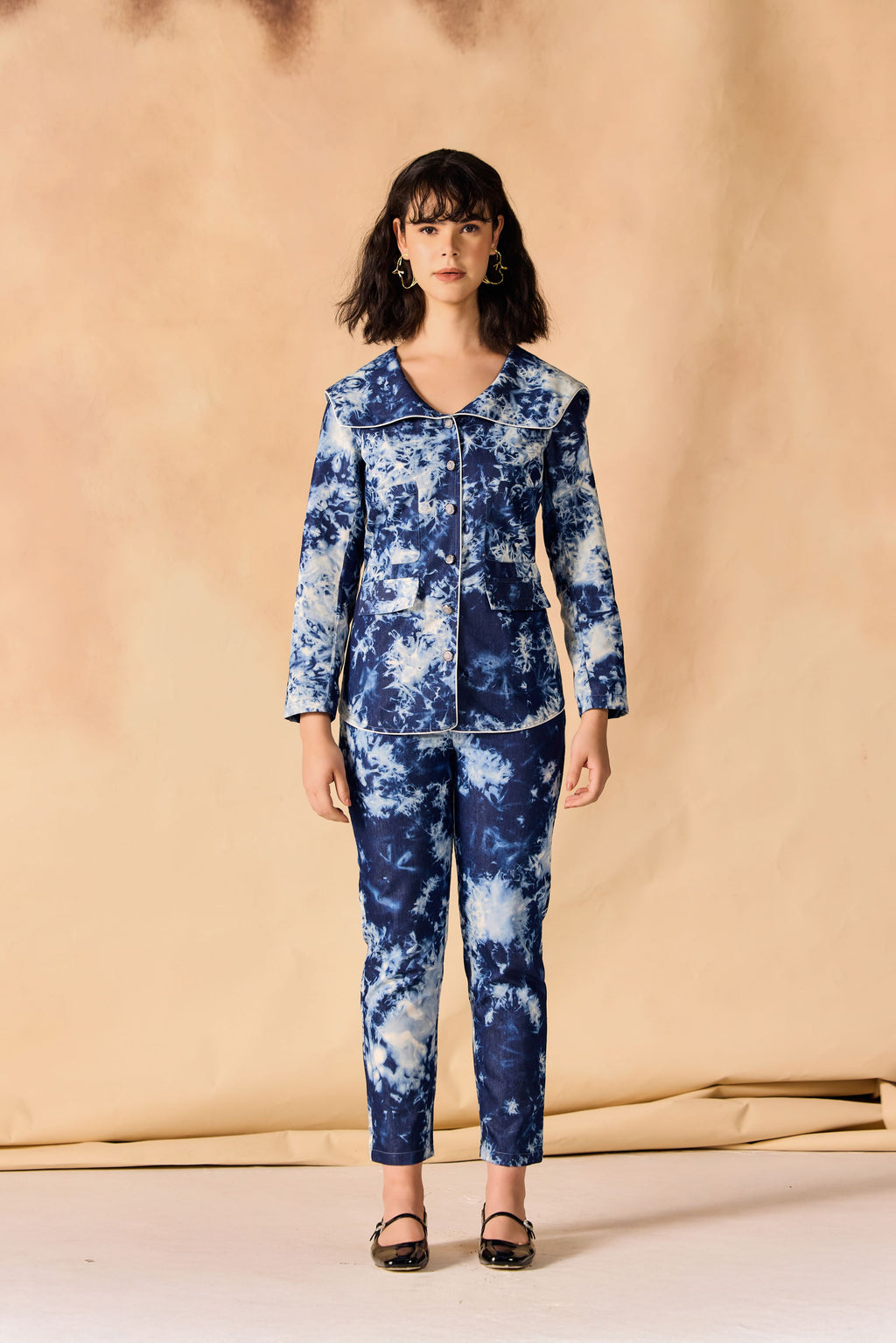 SAMMYUKK Tie and Dye Chambray Coat & Pant Co-Ord Set - MOODY BLUE