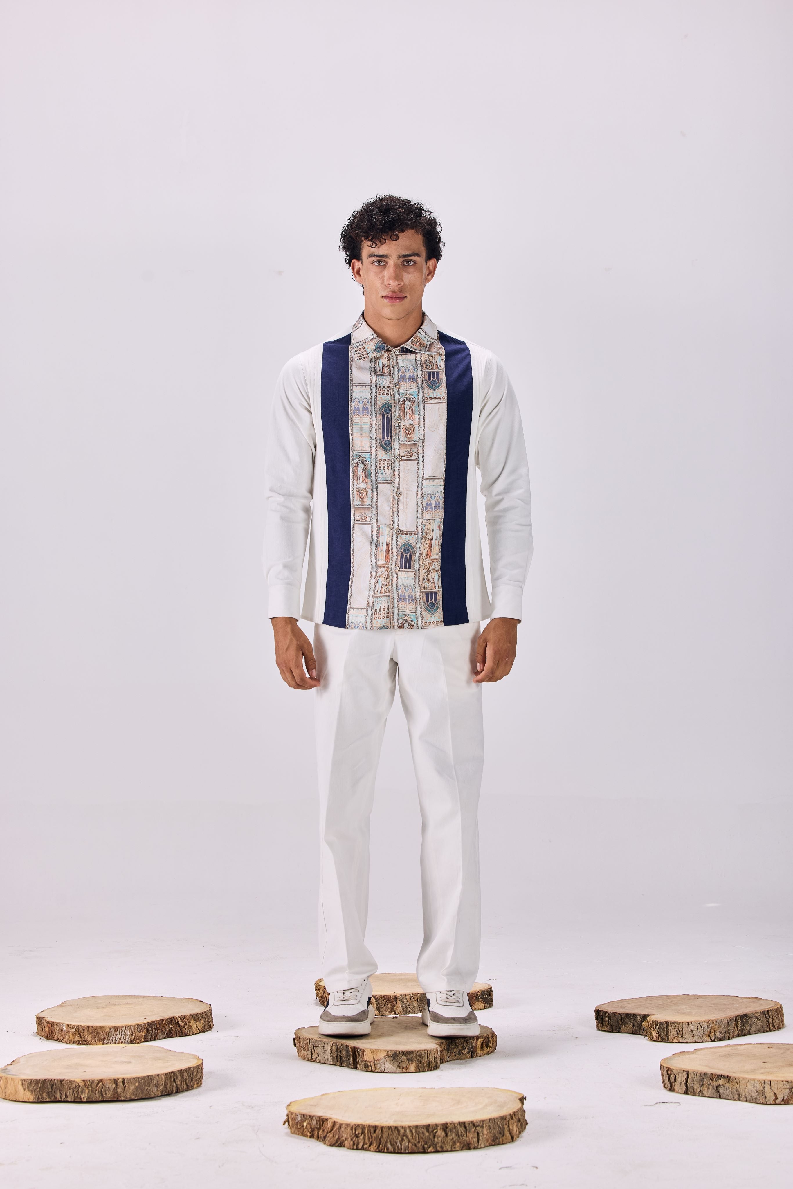 SAMMYUKK Pintuck Pleated Ancient Roman Print Button-Up Shirt