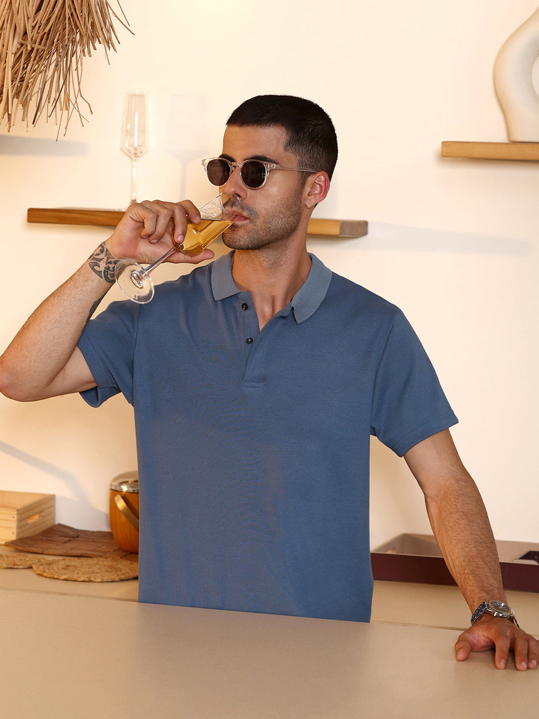 Campus Sutra Blue Ribbed Knit Short Sleeve Polo T-Shirt