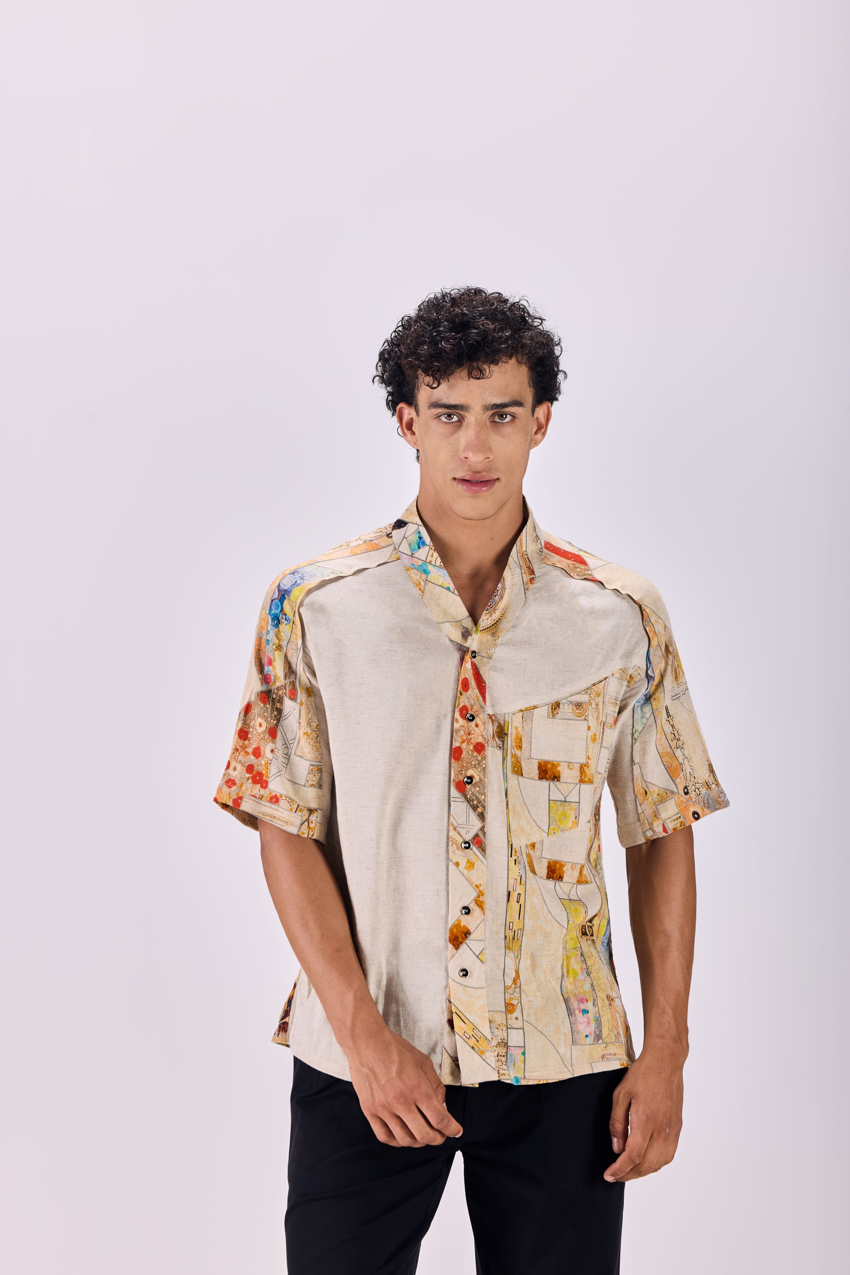 SAMMYUKK Nouvean Art Print V-Neck Paneled Shirt - MULTICOLOR