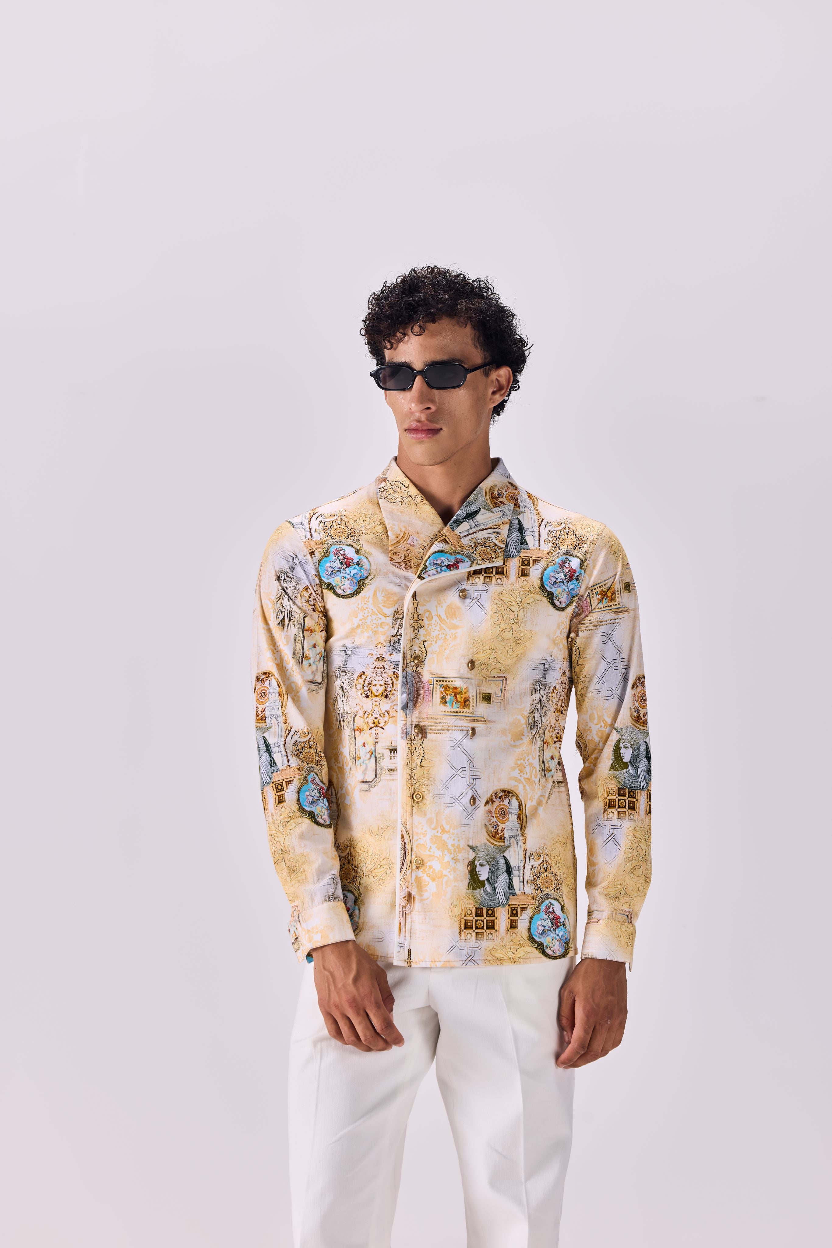 SAMMYUKK Vintage Oversized Collar Kingdom of Egypt Print Shirt - MULTICOLOR