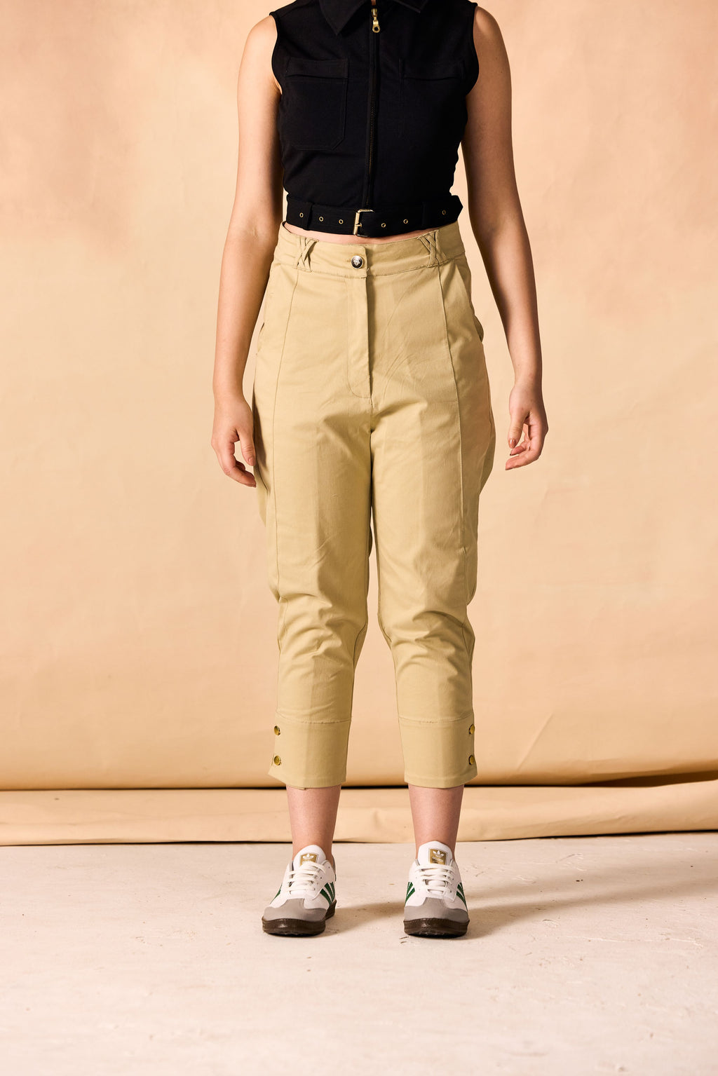 SAMMYUKK Pleated Buttoned Hem Ankle Length Pants - Dried Moss