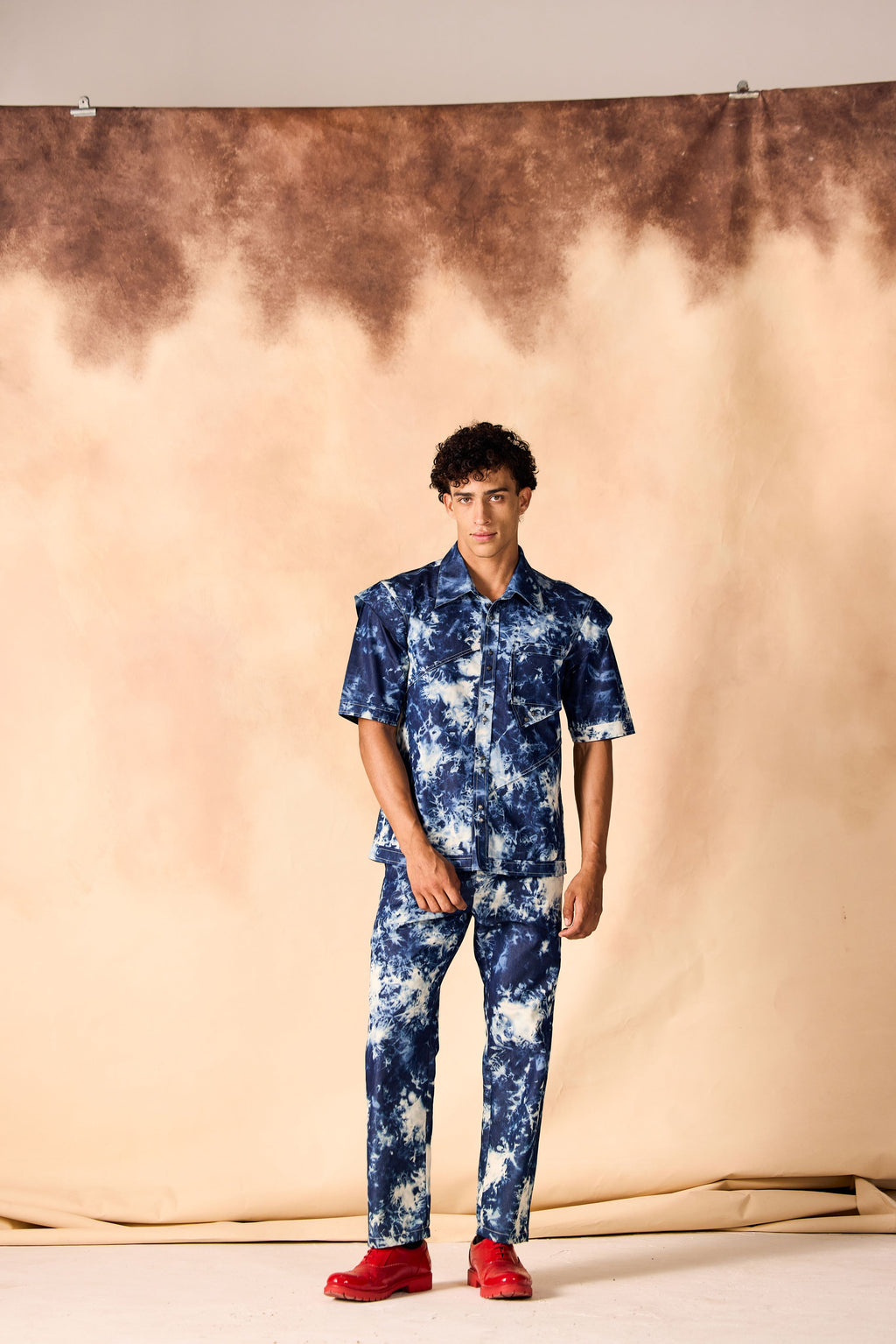 SAMMYUKK Tie and Dye Chambray Paneled Shirt & Trouser Co-ord Set - MOODY BLUE