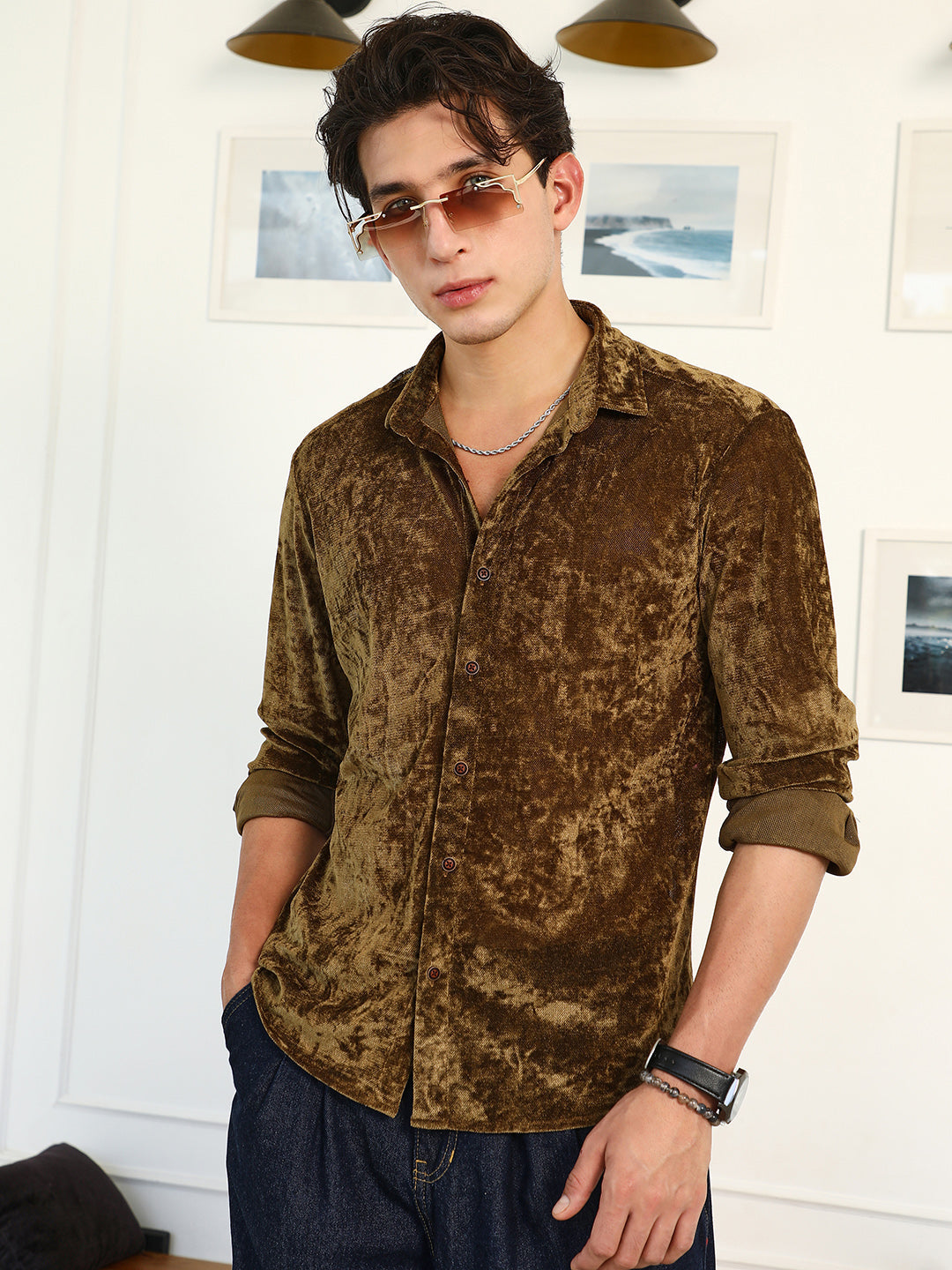 Campus Sutra Solid Velvet Shirt