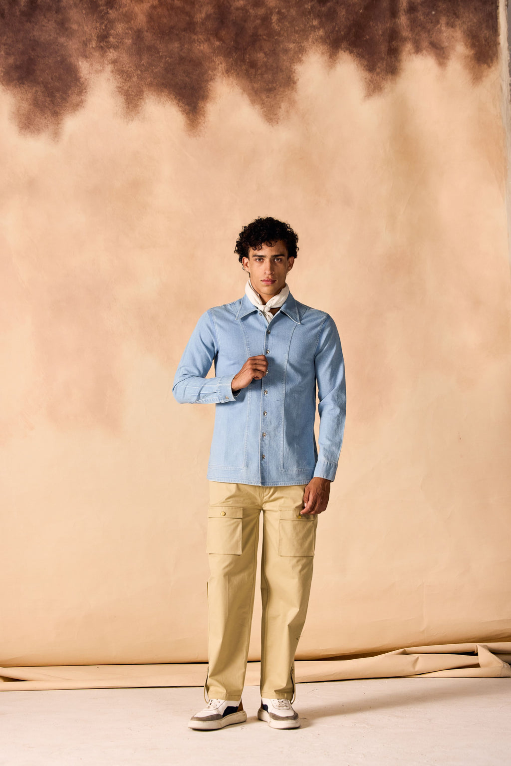SAMMYUKK Ice Washed Denim Button-Up Paneled Shirt - ICE WASHED DENIM