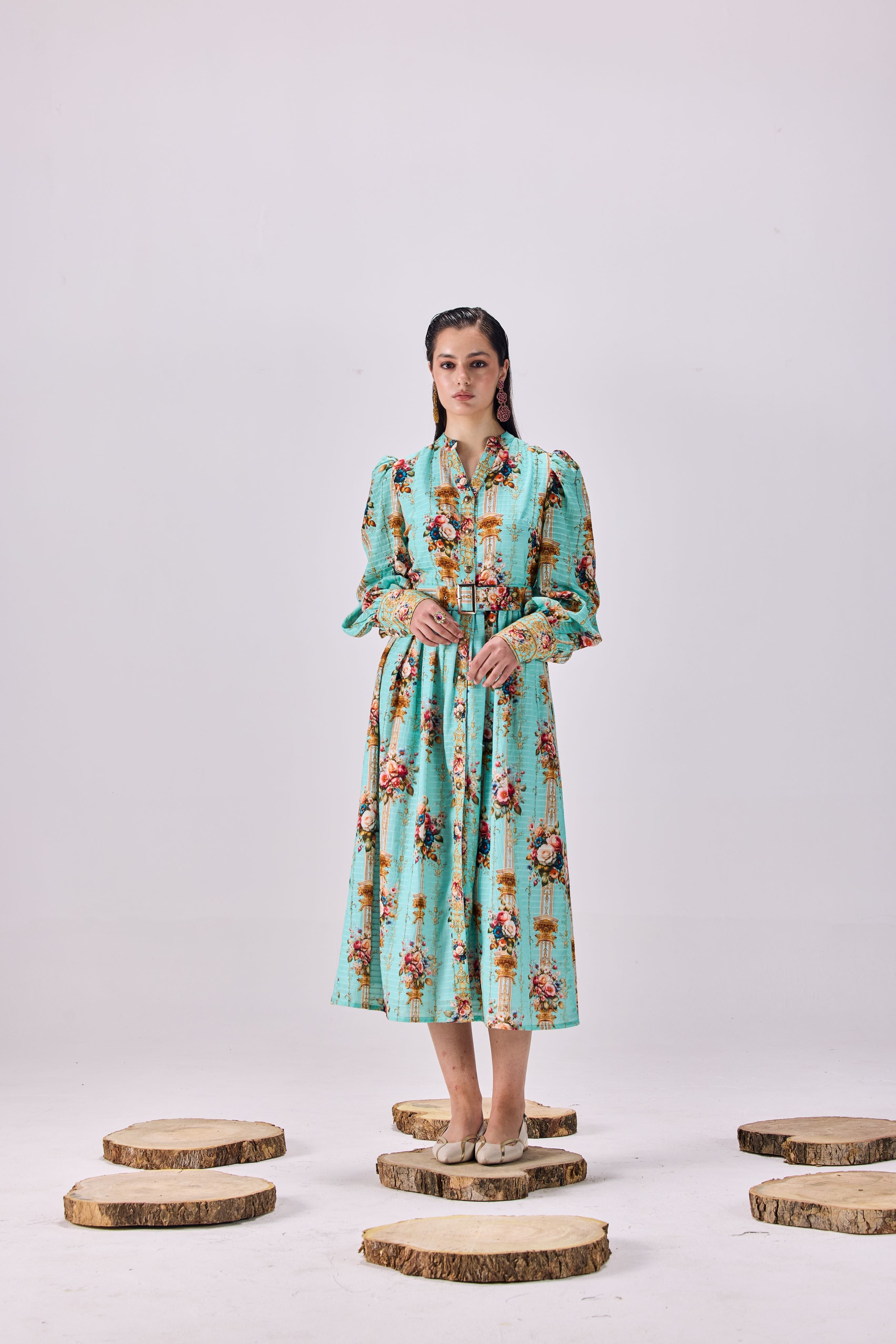 SAMMYUKK Vintage Floral Stripe Button-Up Maxi Shirtdress