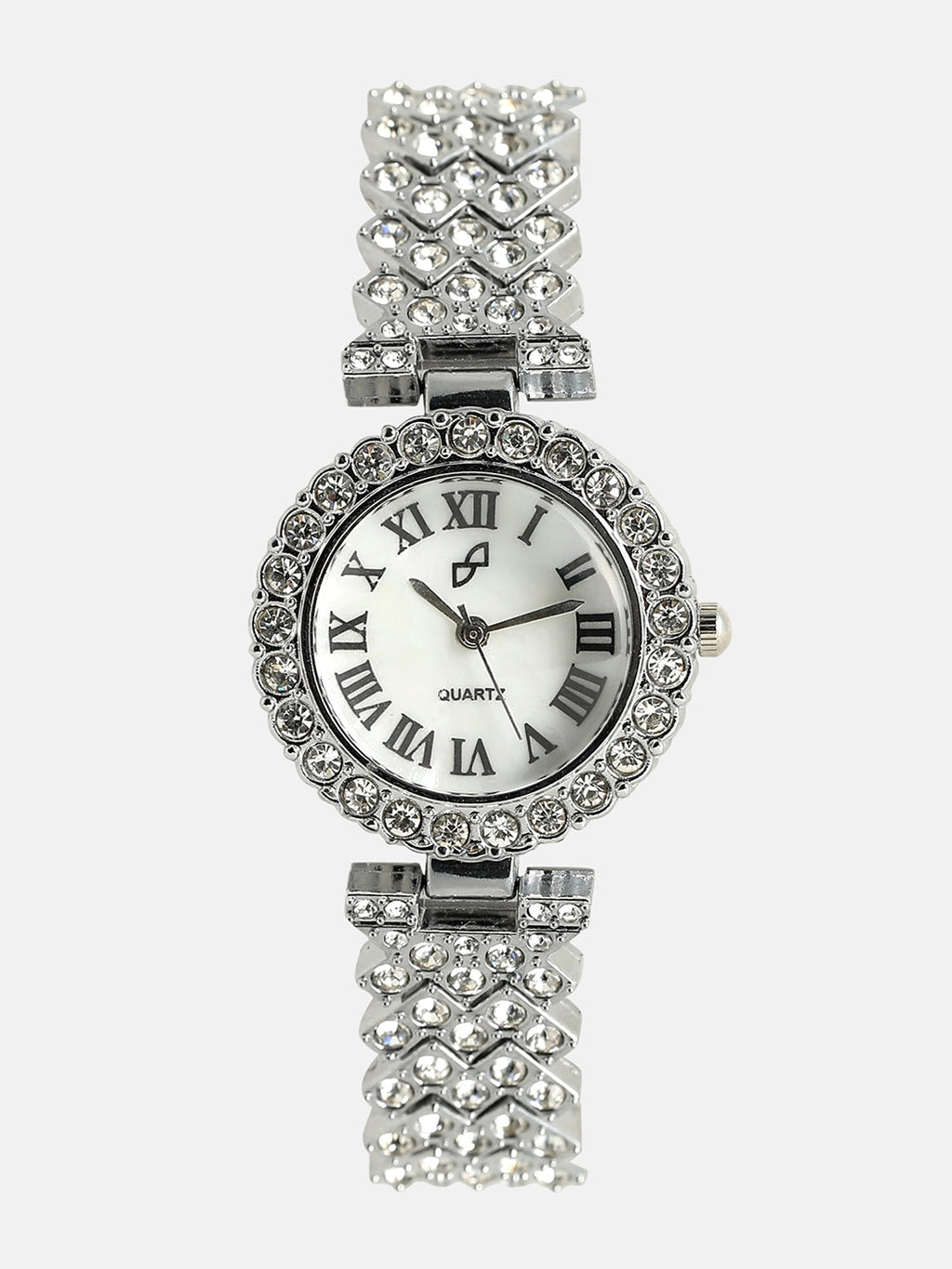 White Crystal Stones Analog Round Dial With Silver Crystal Stone Metal Strap