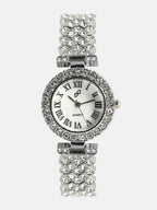 White Crystal Stones Analog Round Dial With Silver Crystal Stone Metal Strap