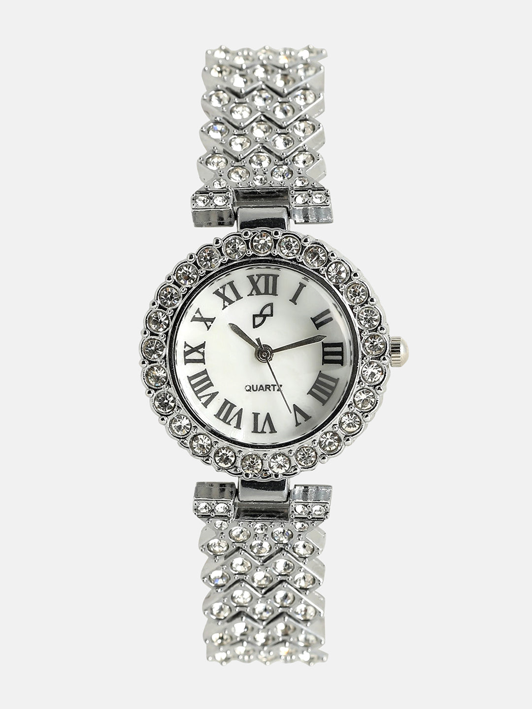 White Crystal Stones Analog Round Dial With Silver Crystal Stone Metal Strap