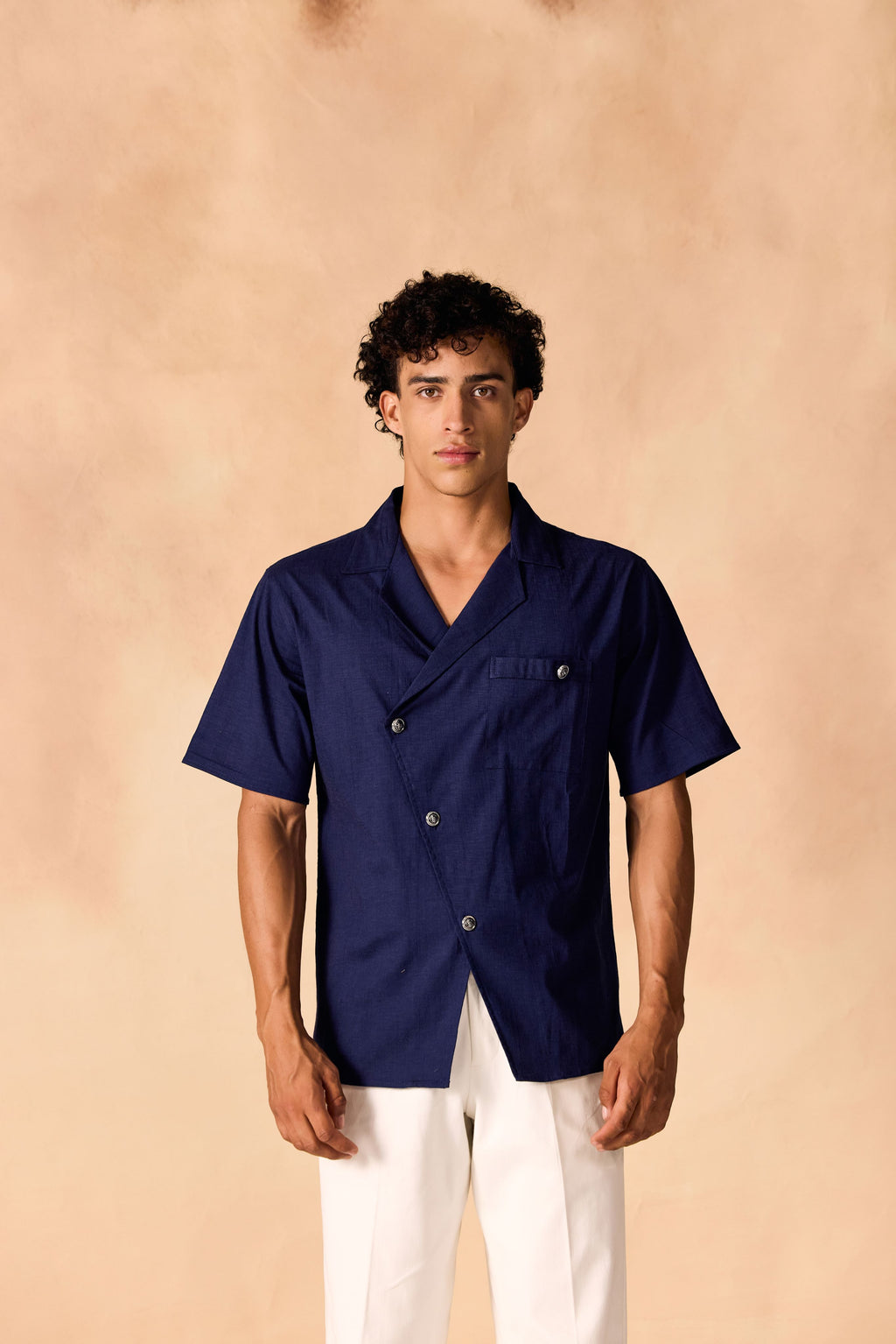 SAMMYUKK Overlapping Notched Collar Casual Cotton Shirt - MIDNIGHT BLUE