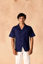 SAMMYUKK Overlapping Notched Collar Casual Cotton Shirt - MIDNIGHT BLUE
