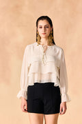 SAMMYUKK Casual Layered White Georgette Crop Top - IVORY