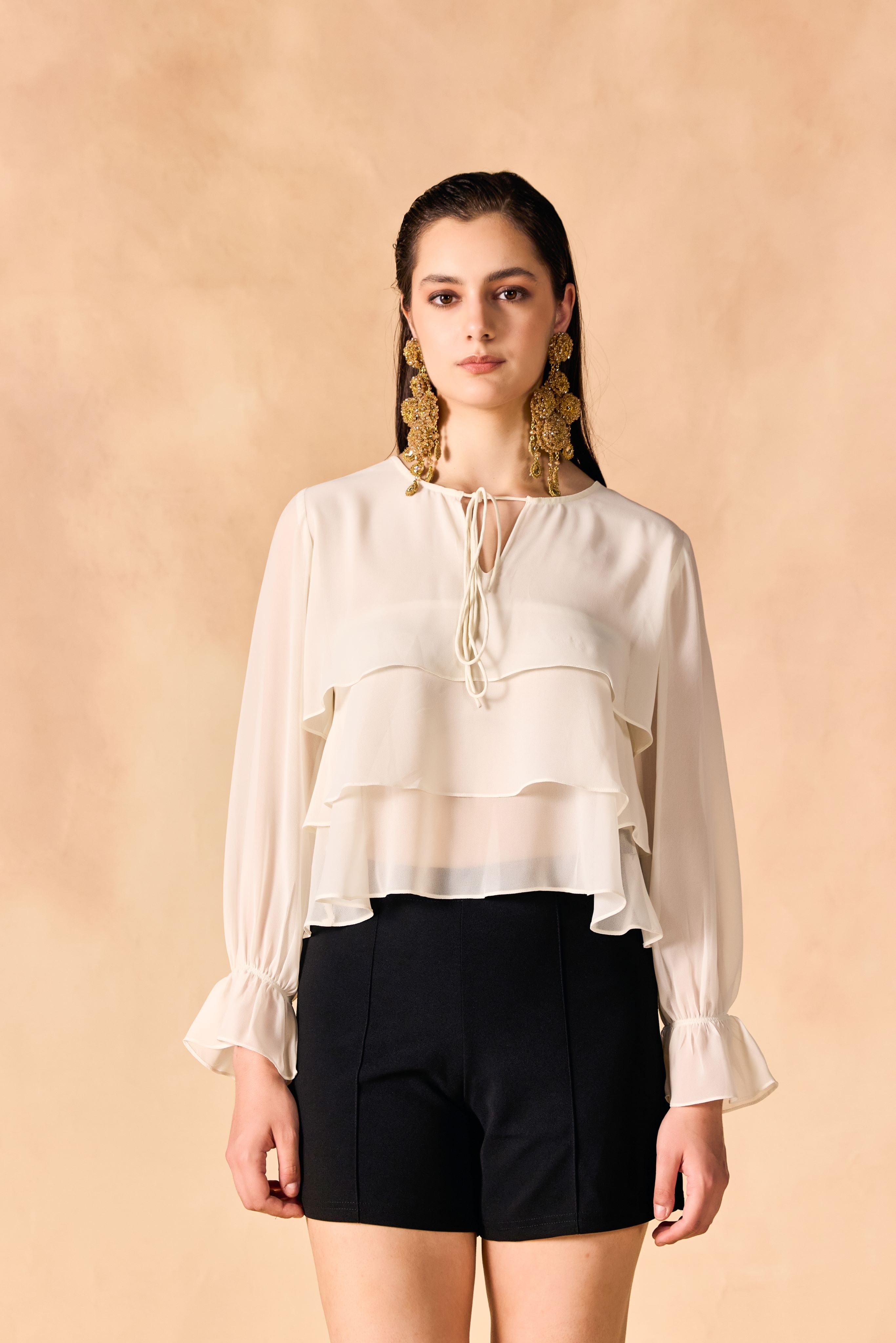 SAMMYUKK Casual Layered White Georgette Crop Top - IVORY