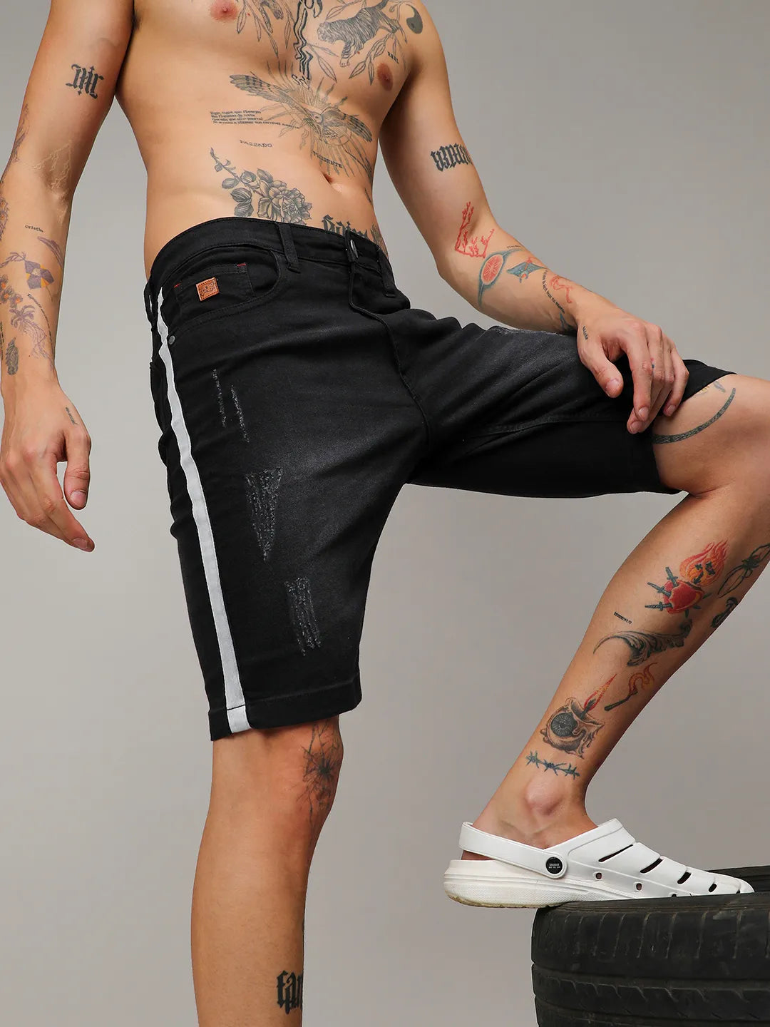 Campus Sutra Heavy Distressed Cargo Denim Shorts