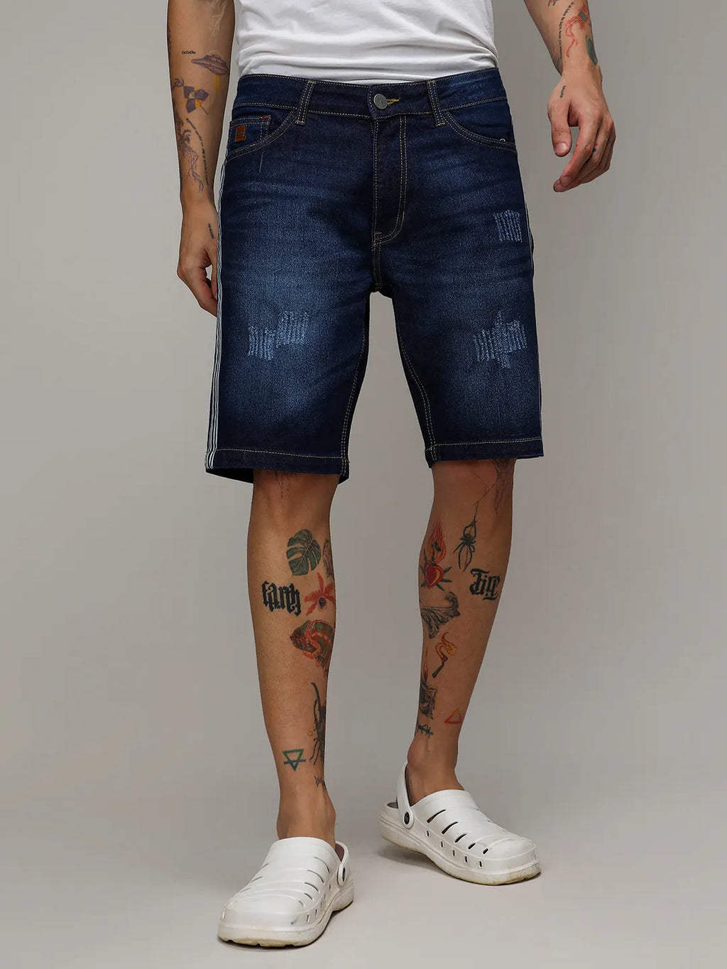 Campus Sutra Pencil Side-Striped Denim Shorts