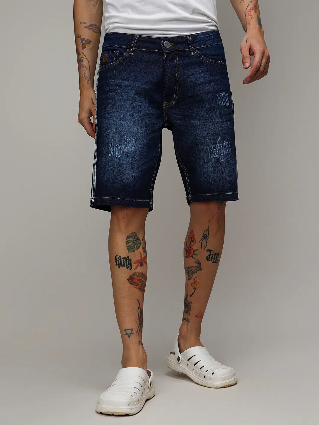 Campus Sutra Pencil Side-Striped Denim Shorts