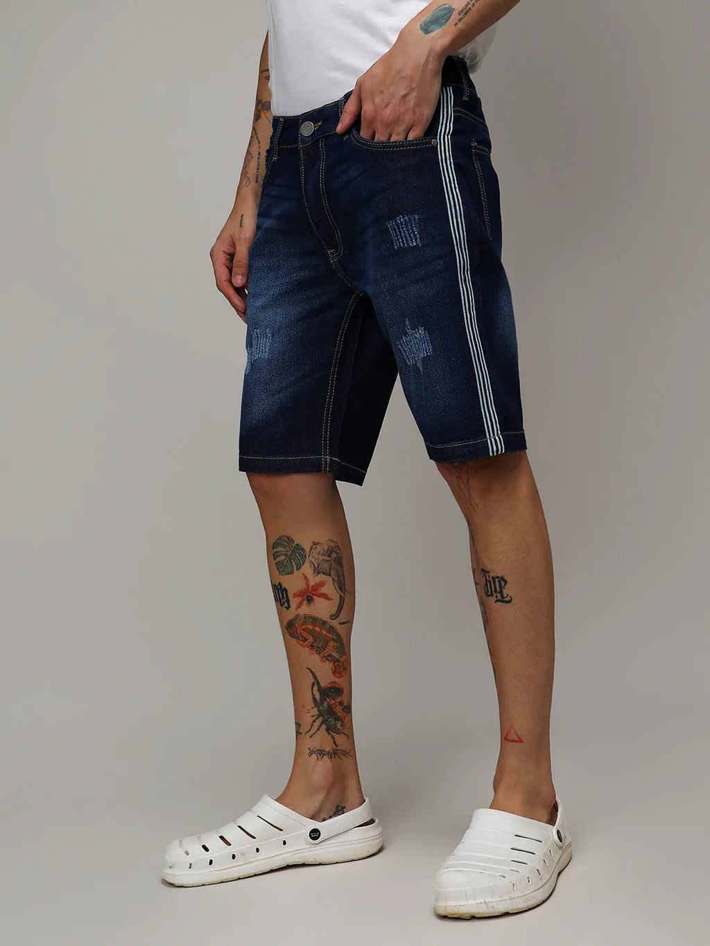 Campus Sutra Pencil Side-Striped Denim Shorts