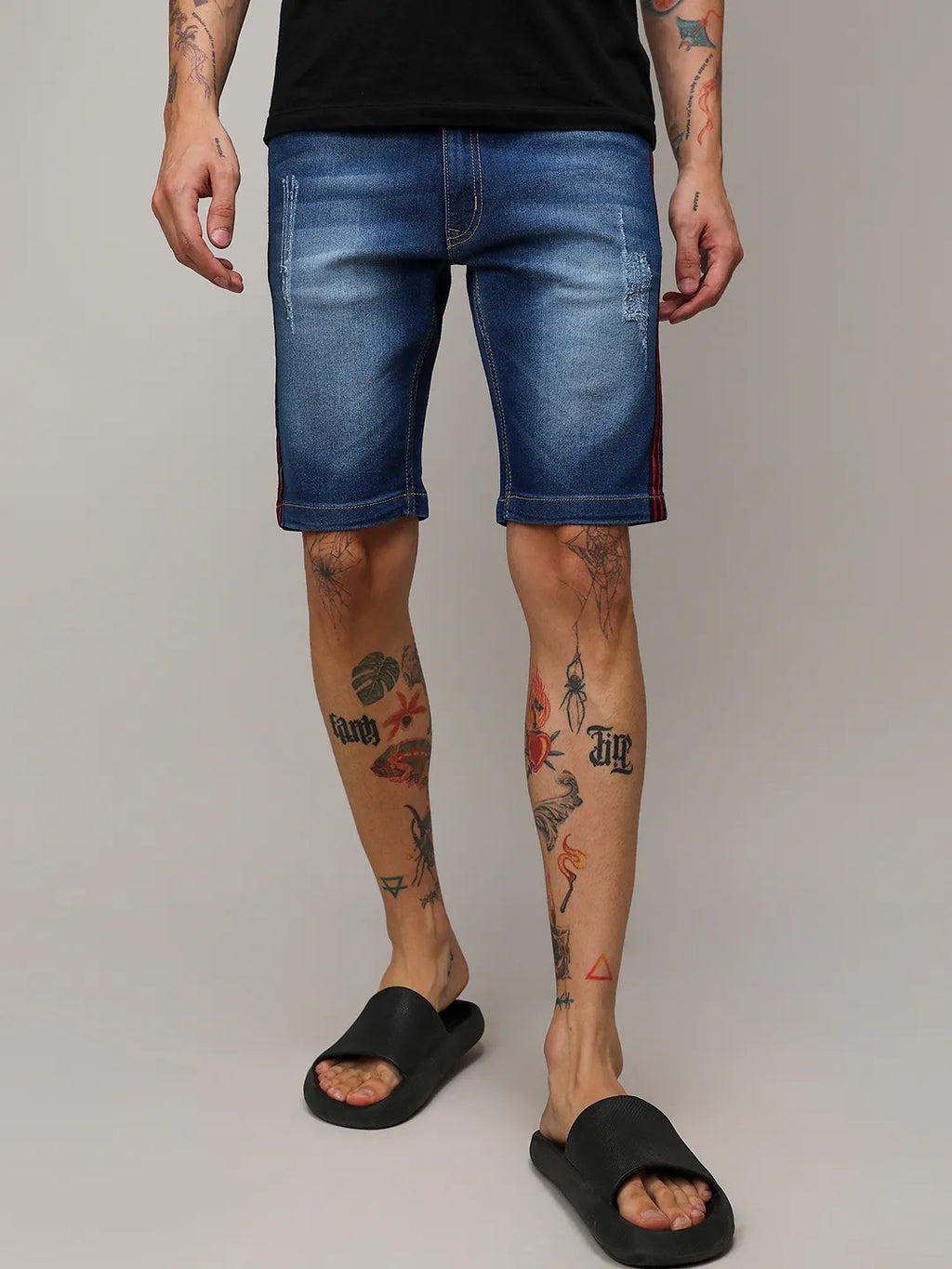 Campus Sutra Pencil Side-Striped Denim Shorts