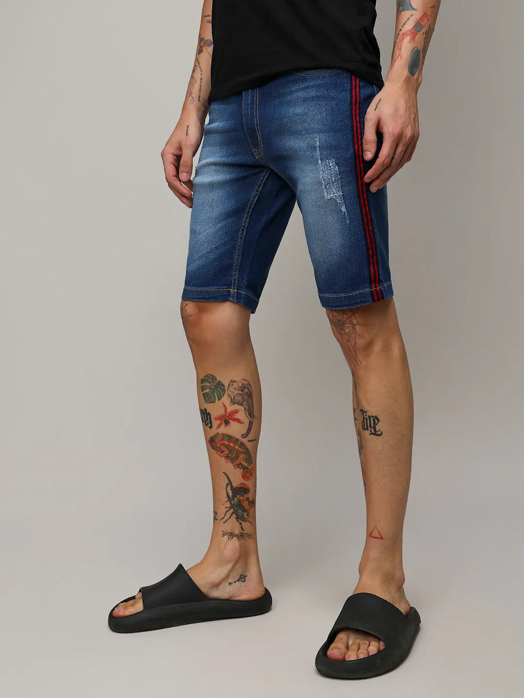 Campus Sutra Pencil Side-Striped Denim Shorts