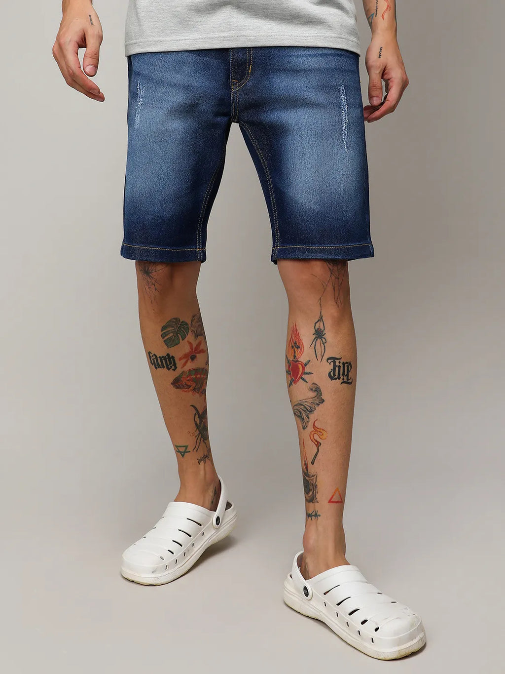 Campus Sutra Light-Distressed Denim Shorts