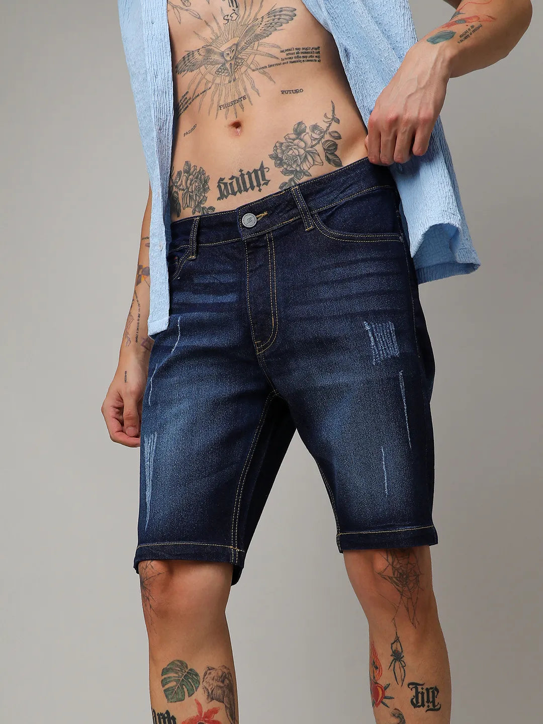 Campus Sutra Distressed Rolled Hem Denim Shorts