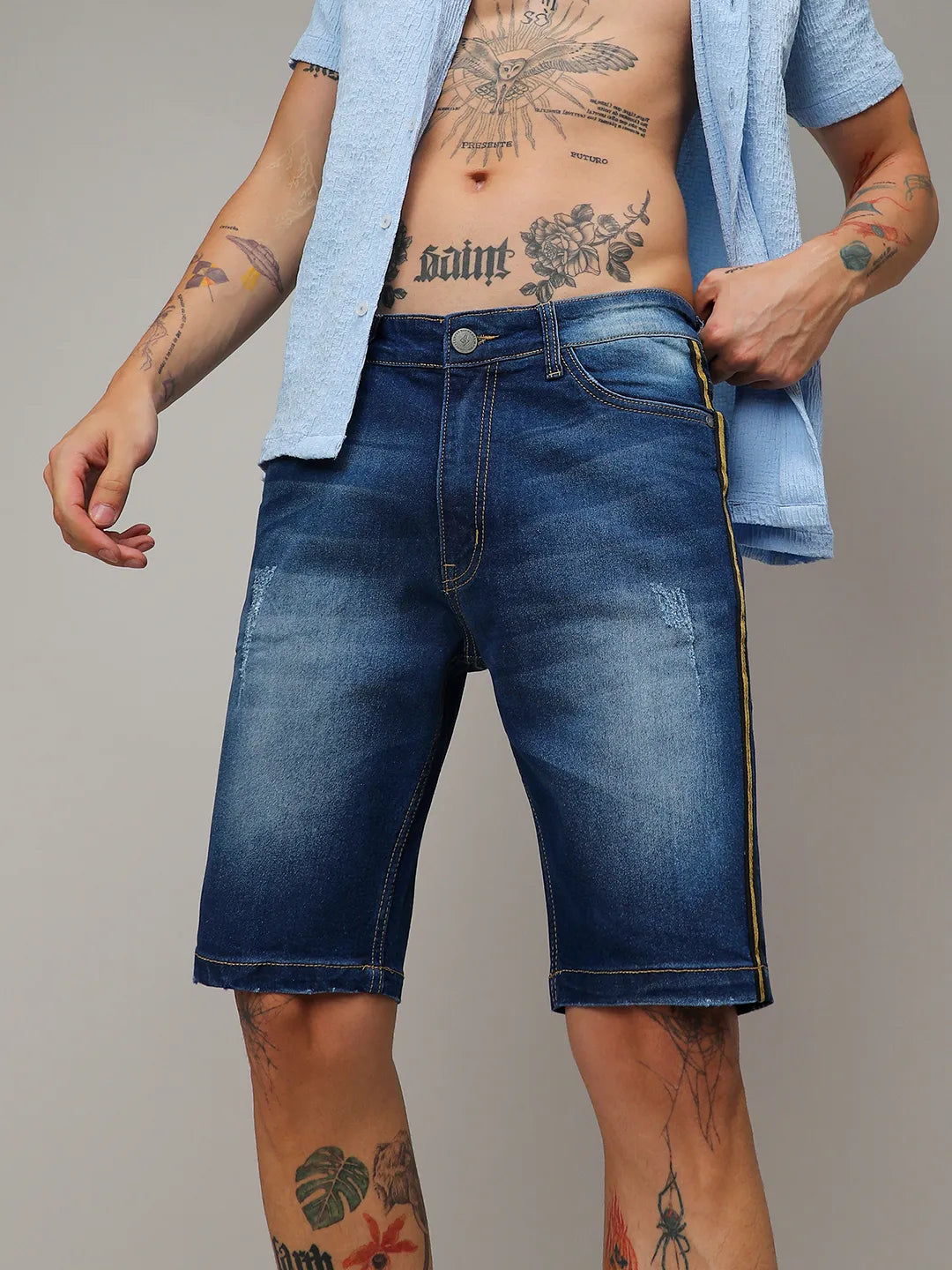 Campus Sutra Pencil Side-Striped Denim Shorts