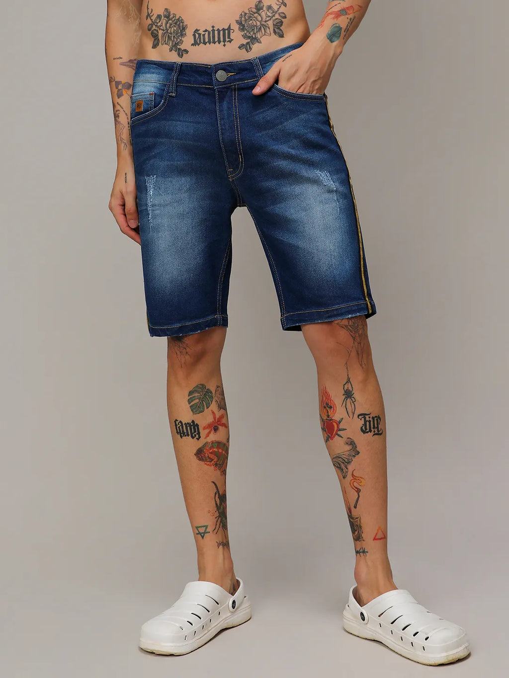 Campus Sutra Pencil Side-Striped Denim Shorts
