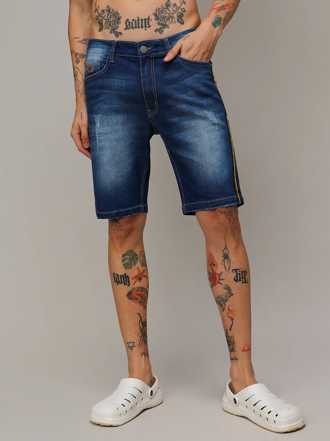 Campus Sutra Pencil Side-Striped Denim Shorts