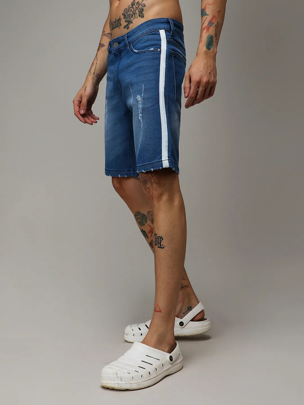 Campus Sutra Pencil Side-Striped Denim Shorts