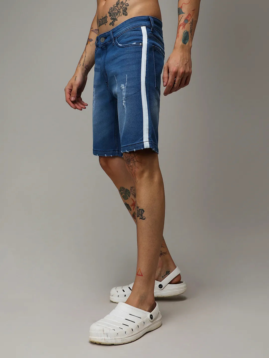 Campus Sutra Pencil Side-Striped Denim Shorts