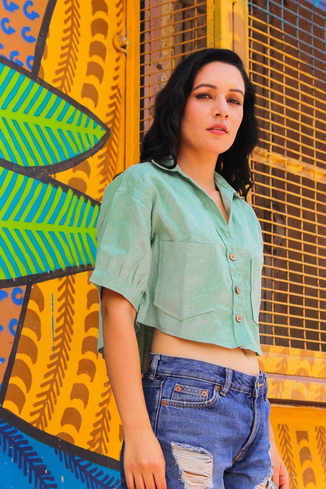 ShopKapaas Pistachio Green Linen Crop Top