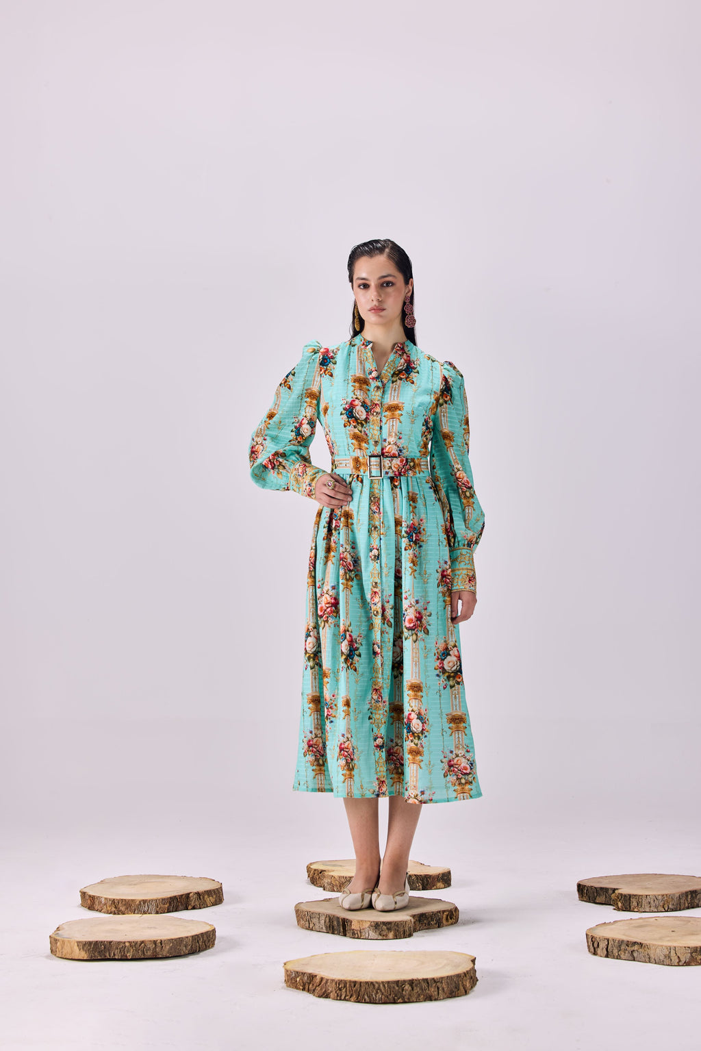 SAMMYUKK Vintage Floral Stripe Button-Up Maxi Shirtdress