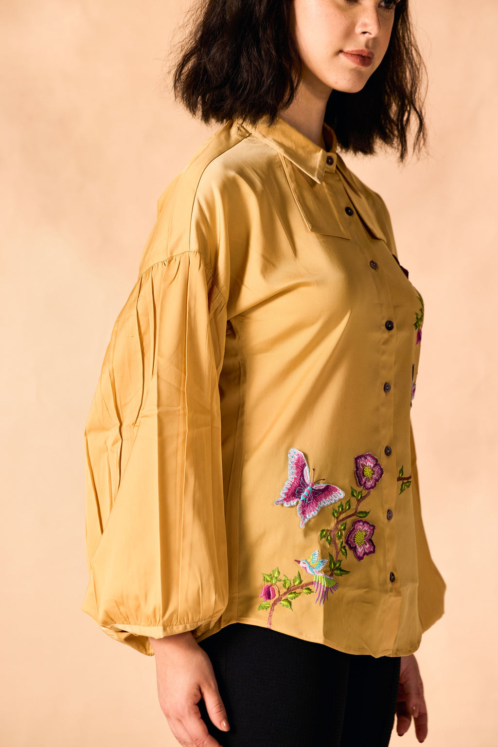 SAMMYUKK Floral Vine and Butterfly 3D Embroidered Shirt - Golden Cream