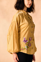 SAMMYUKK Floral Vine and Butterfly 3D Embroidered Shirt - Golden Cream