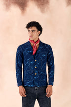 SAMMYUKK Lapel Collar Button-Up Denim Jacquard Blazer Jacket - MIDNIGHT INDIGO