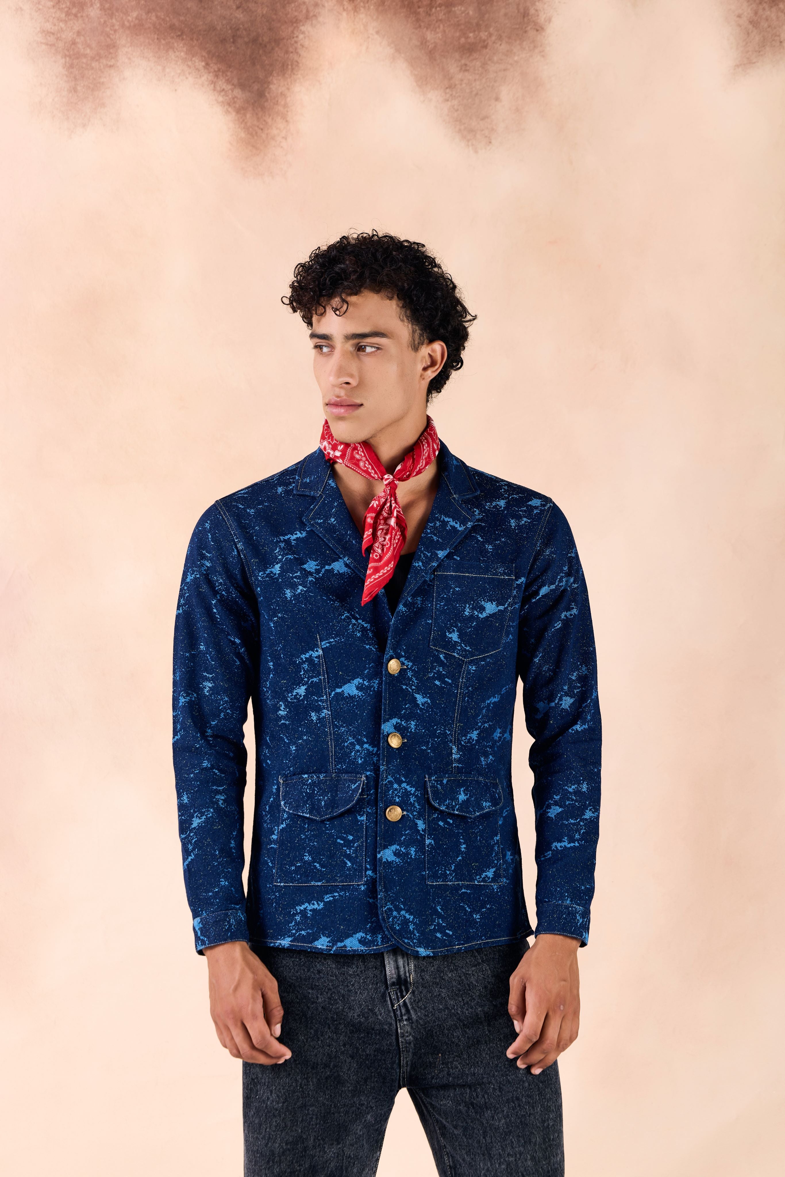 SAMMYUKK Lapel Collar Button-Up Denim Jacquard Blazer Jacket - MIDNIGHT INDIGO