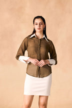 SAMMYUKK Button-Up Contrast Trim Georgette Sheer Shirt - DARK OLIVE